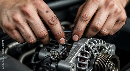 Close-up of a mechanic's dirty hands working on a car engine's alternator, performing maintenance or repair.