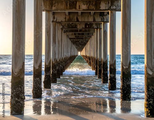 Perspective shot beneath a pier, sunlight illuminating the water and sand. Solid pillars support the structure, leading the eye toward the horizon