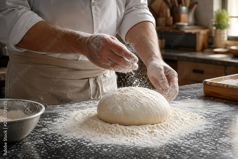 Obraz premium Hands sifting flour while baking fresh bread in cozy home kitchen with natural light