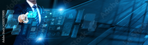 Public Data Analyst uses modern digital dashboard for Open Data data analysis, tracking information transparency, and managing publicly accessible government information repositories.
