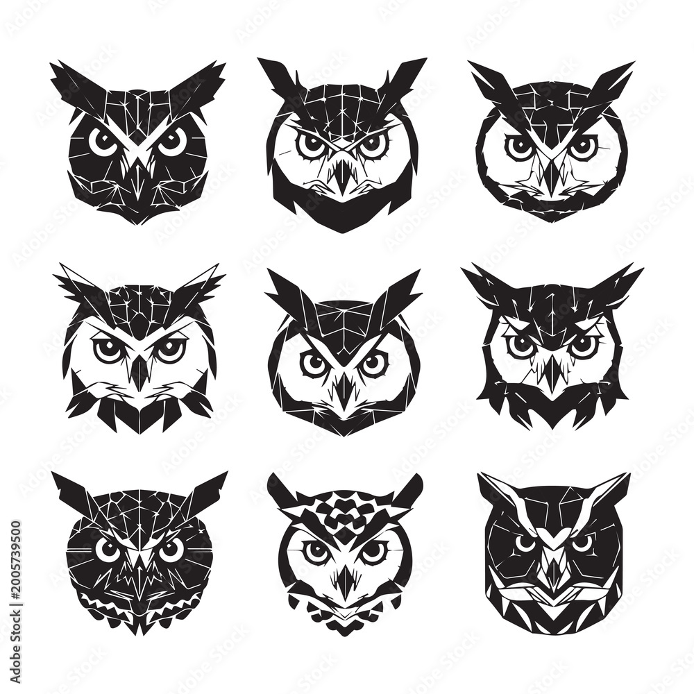 Fototapeta premium set of 9 geometric owl vector icons in bold black silhouette for modern logo design