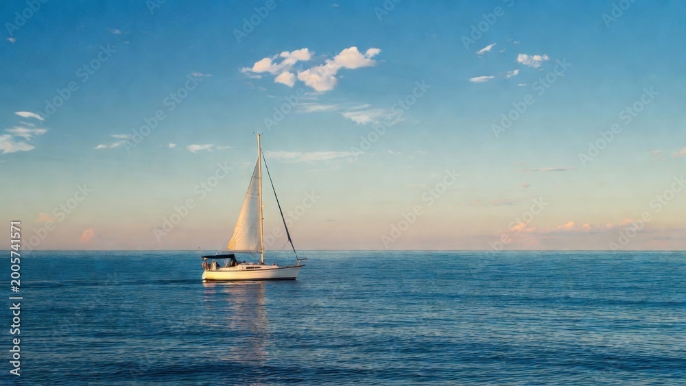 Fototapeta premium Sailboat anchored quietly on serene sea near horizon