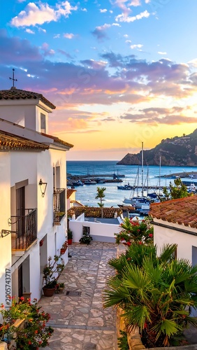 Scenic coastal scene. White buildings with orange tile roofs. A cobblestone street leads toward a harbor with boats as sunset paints the sky