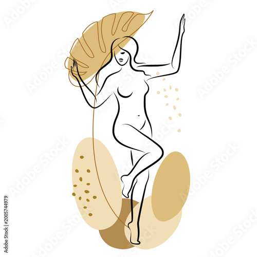 Silhouette of a cute lady and leaves of a plant. The girl is standing. The woman has a beautiful naked figure. She is young and slim. Vector illustration