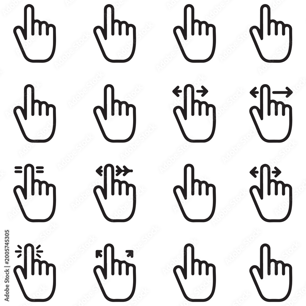 Obraz premium Set of black hand cursor gesture icons for touch screen interface navigation including tapping swiping zooming and scrolling actions for mobile devices and web design elements in a simple style