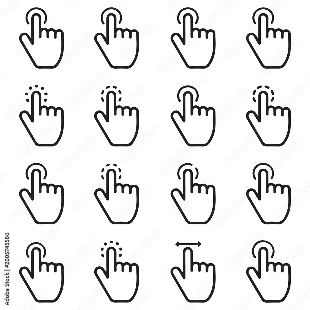 Fototapeta premium Set of black hand cursor icons showing different touch gestures and clicks for web and mobile user interface design