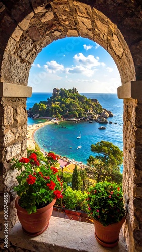 Scenic coastal view framed by a stone archway, with a lush island, blue water, and flowering pots