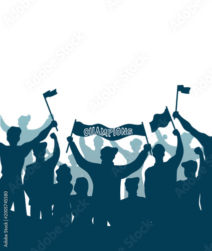 Silhouette of Excited Sports Fans Holding a Large Champions Banner and Raising Flags: Dynamic Crowd Celebration Illustration for Football Match Victory and Team Success on White Backdrop.