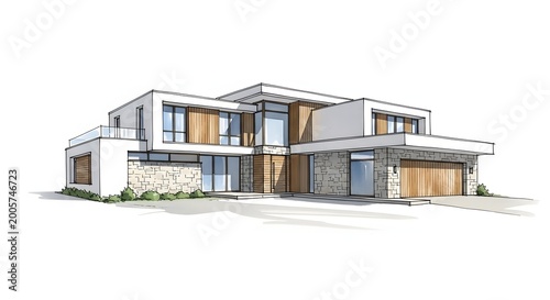 Modern architectural rendering of a luxurious two story house with clean lines
