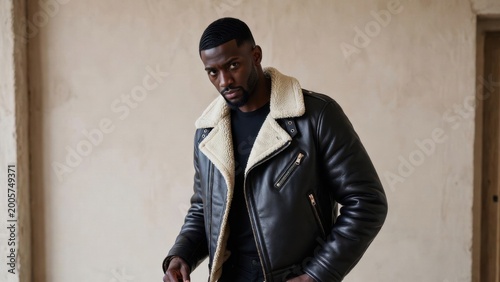 Man wearing shearling jacket standing against textured wall