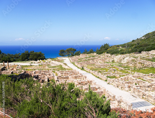 Ancient  Kamiros, Rhodes, Greece. View of the excavated Doric city set on a hillside above the Aegean.  One of the three city states of the island. Well preserved classical city.