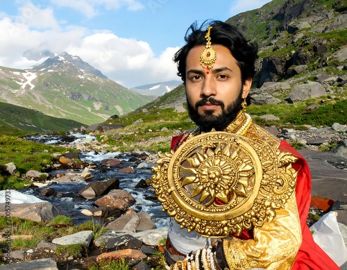 Portrait of a man in regal attire, posed beside a mountain stream with a backdrop of a mountainous landscape