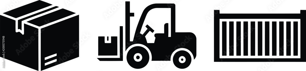 Obraz premium Black icons of box, forklift and gate