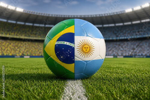 Brazil and Argentina flags on soccer ball at stadium for match between two teams