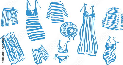 Blue hand drawn summer striped clothing set with dress swimwear shorts hat and towel