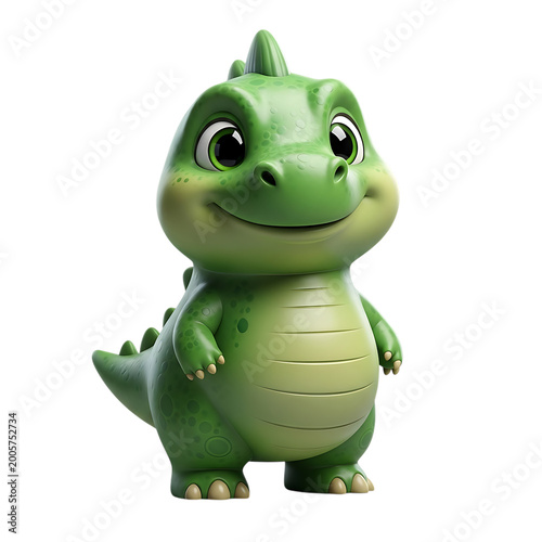 Cute baby green dinosaur cartoon character smiling.