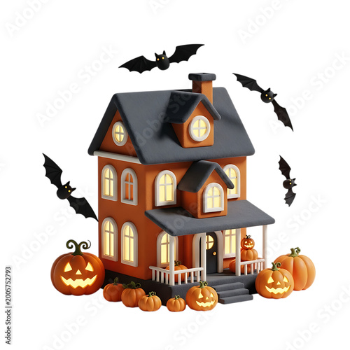 Halloween house with flying bats and glowing pumpkins outside.