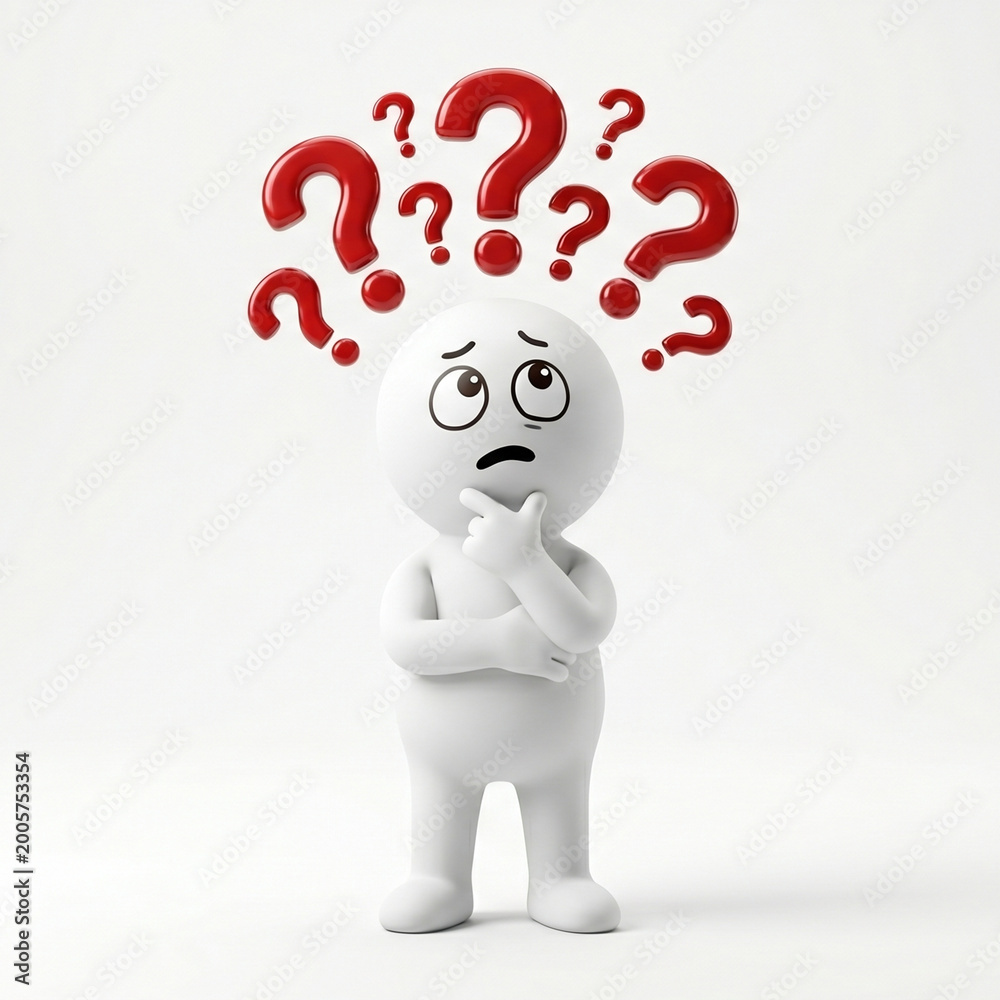 Fototapeta premium 3D Character Confused with Multiple Question Marks – Doubt, Problem Solving and Thinking Concept