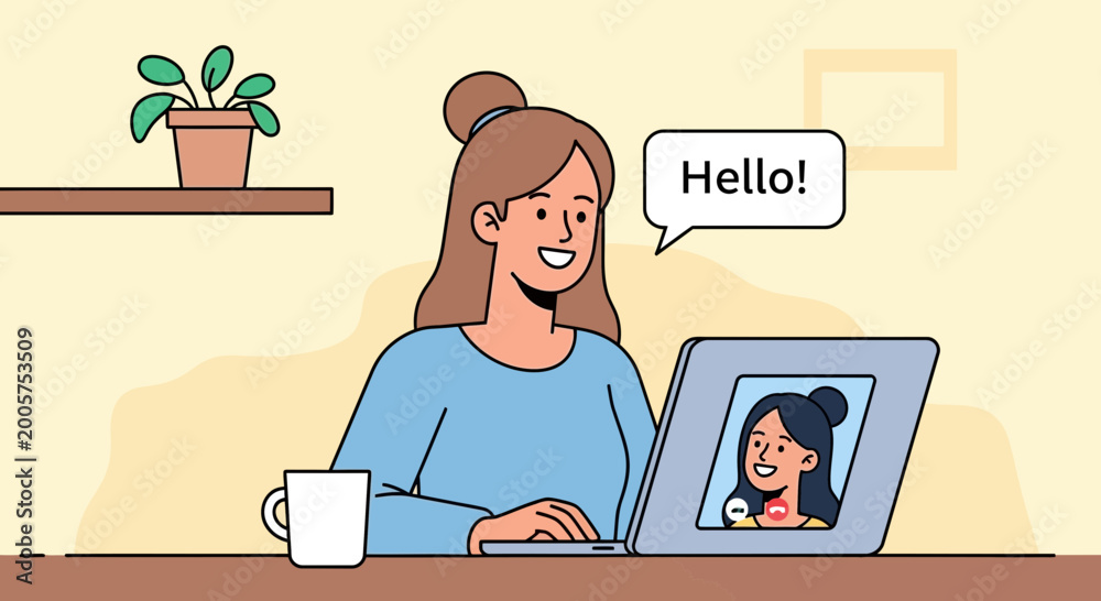 Fototapeta premium Woman having a video call on laptop, smiling, with a plant and coffee cup on desk