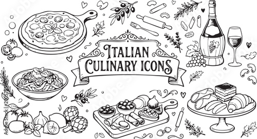 Cuadro en lienzo Italian food illustration featuring various traditional dishes like pizza pasta