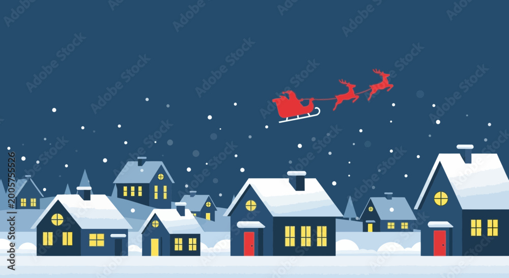 Fototapeta premium Santa Claus flying in sleigh over snowy village at night, Christmas celebration