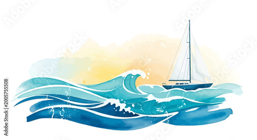 Sailboat sailing on wavy ocean during sunset, watercolor style