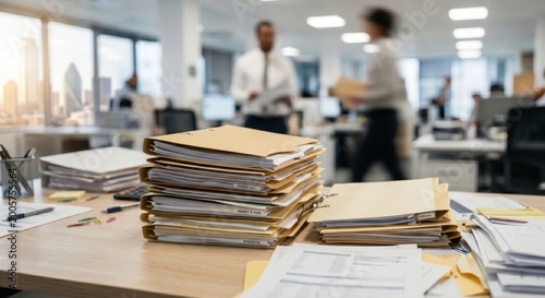 Stacks of Manila Folders and Paperwork on Office Desk