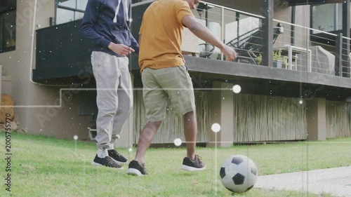3 boys passing on lawn, player entering taking soccer ball for sports, faint dots over play
