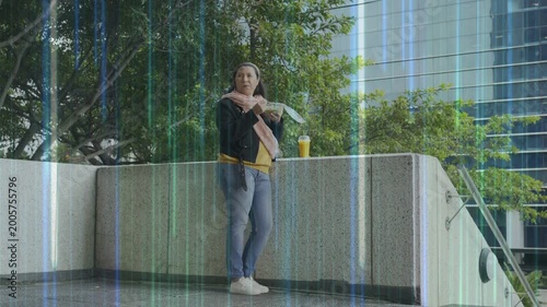 Woman leaning on ledge opening and eating sandwich for lunch, streaking over subject, marketing