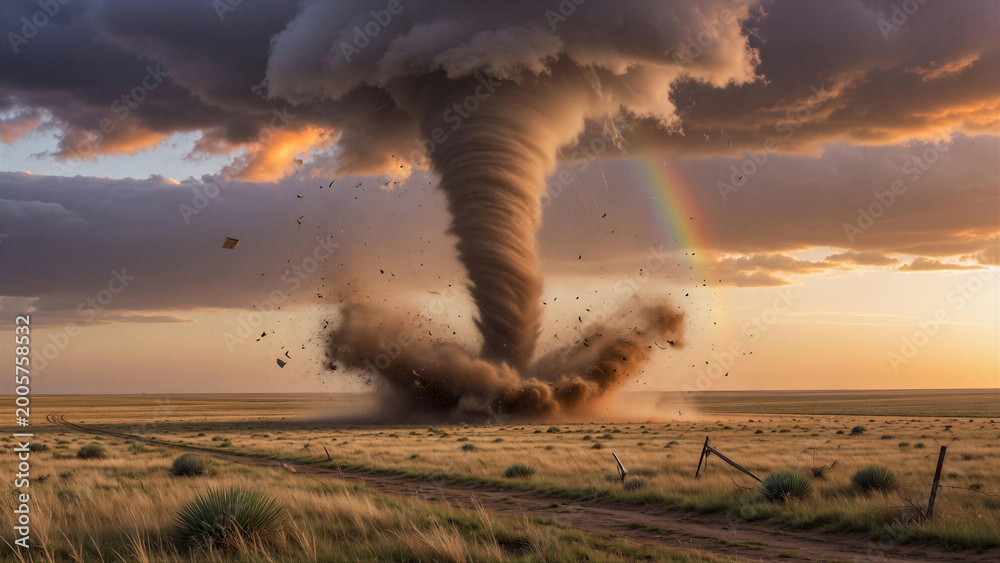 Obraz premium Tornado touching ground in grassland plain at sunset