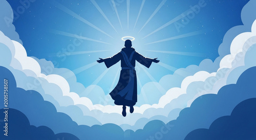 Jesus christ ascending into heaven with radiant light and clouds symbolizing spiritual ascension and divine connection