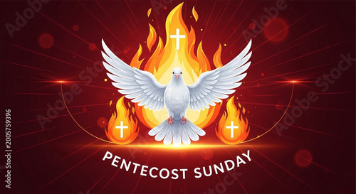 Pentecost sunday celebration with white dove and fiery flames symbolizing holy spirit