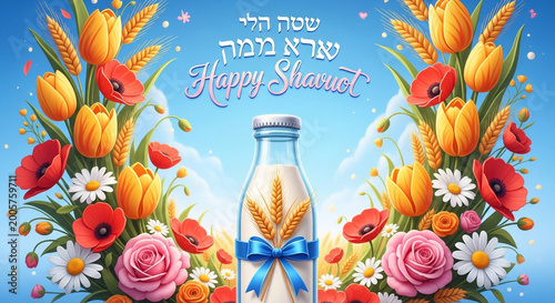 Vibrant shavuot greeting card with colorful flowers and wheat on a blue background celebrating the holiday with joy and festivity