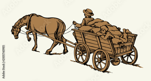 Vector drawing. A cart drawn by a horse