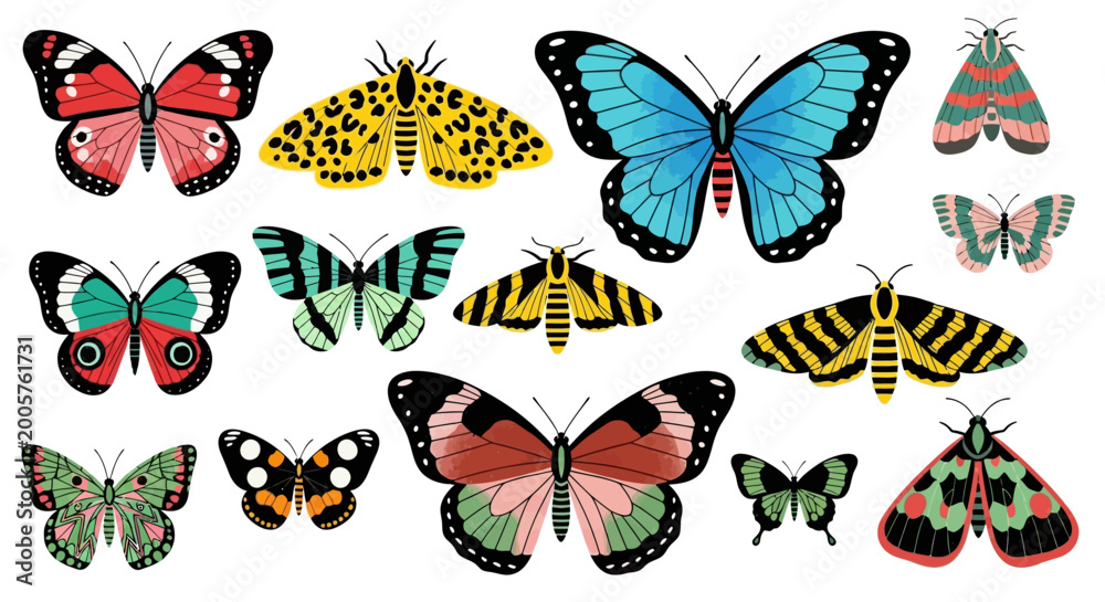 Obraz premium Colorful Butterfly, Moth, Insect Vector Icons, Set of 13, Nature Illustrations, Wildlife Graphics