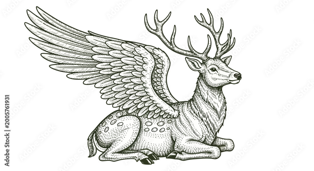 Fototapeta premium Mythical winged deer, fantasy creature, line art illustration, black and white, vector graphics, mythical being, decorative design element