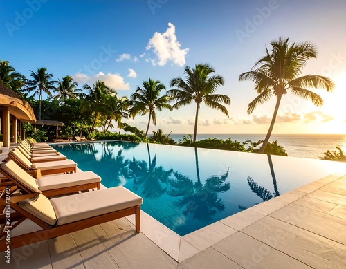 Scenic infinity pool with lounge chairs, ocean view, palm trees, and clear blue sky during a sunny day