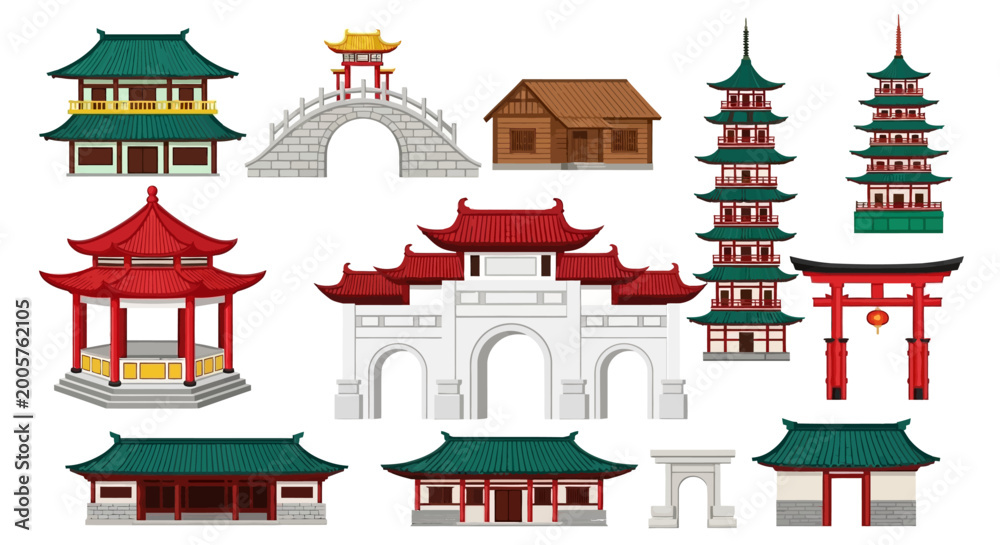 Fototapeta premium Asian temple, pagoda, and gate vector icons, Chinese architecture symbols, oriental building elements, 10 illustration set