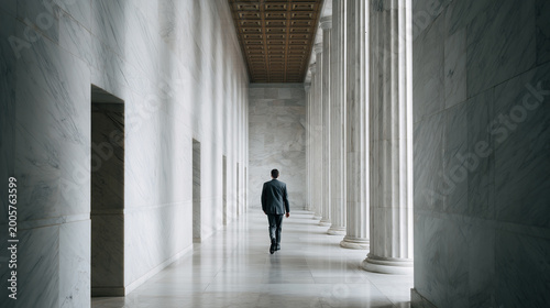 A person walking in a hall with marble wall and column, modern architecture