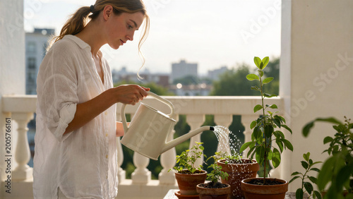 Young woman watering potted plants on residential balcony