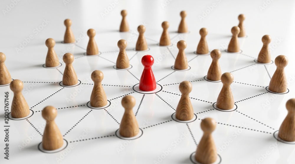 Obraz premium Minimalist wooden figures connected by dashed lines forming a network. Red center figure represents leadership, influence, hub, or central management in 