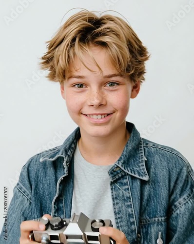 Young boy smiling while holding a camera.