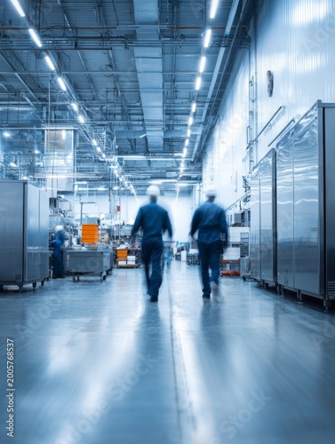 Blurred workers in large manufacturing plant with stainless equipment and lighting