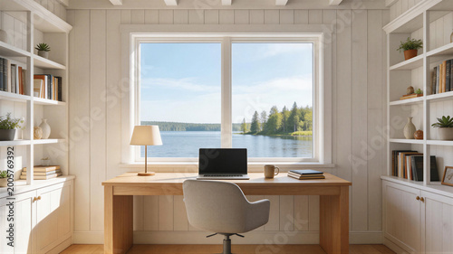 Modern home office with a stunning view of a serene Nordic lake and forest, summer backdrop, virtual meeting background, ms teams background, zoom meeting backdrop, digital meeting background