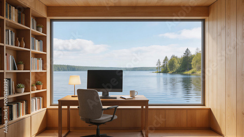 Modern home office with a stunning view of a serene Nordic lake and forest, summer backdrop, virtual meeting background, ms teams background, zoom meeting backdrop, digital meeting background