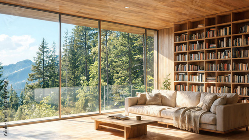 Cozy wooden cabin interior with panoramic mountain forest views and a comfortable sofa, virtual meeting background, zoom meeting backdrop, ms teams background, digital meeting background