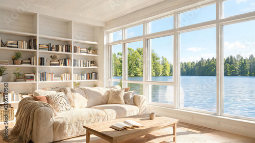 Cozy living room with large windows overlooking a serene lake and forest, summer backdrop, virtual meeting background, ms teams background, zoom meeting backdrop, digital meeting background