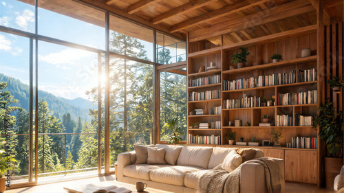 Cozy wooden cabin interior with panoramic mountain forest views and a comfortable sofa, virtual meeting background, zoom meeting backdrop, ms teams background, digital meeting background