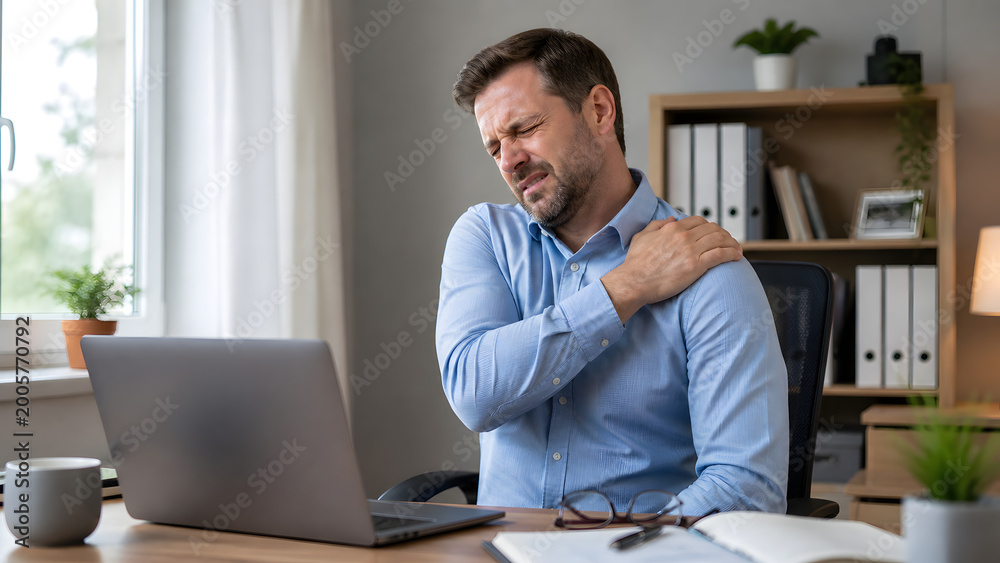 Naklejka premium Office Worker Suffering Shoulder Pain During Computer Work