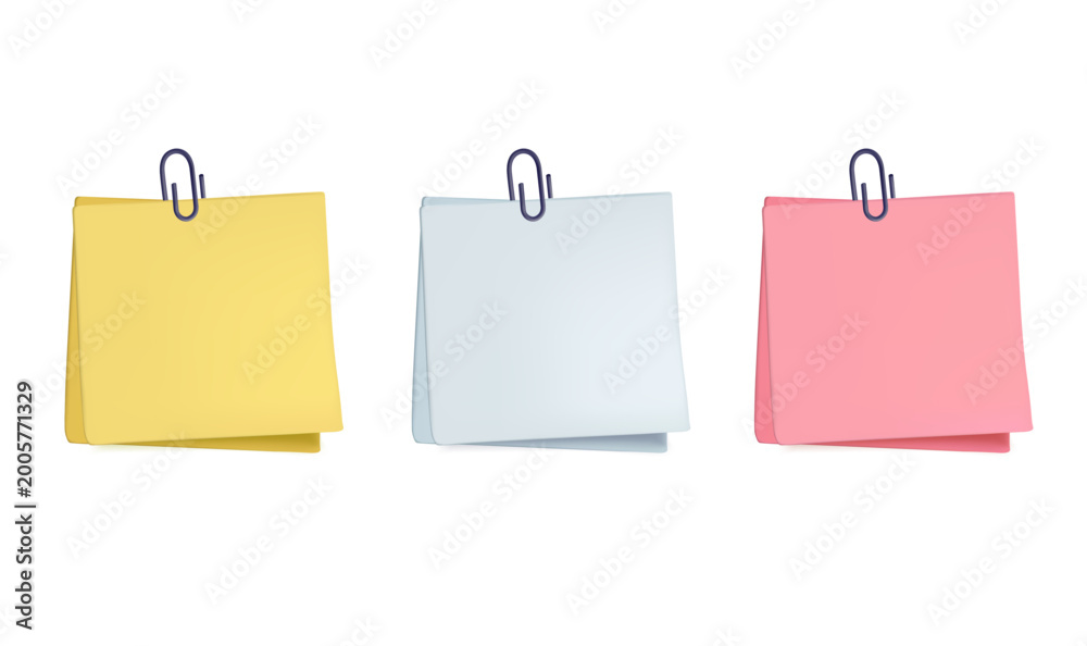 Fototapeta premium Paper for note with clip, 3D vector illustration, realistic style. Blank paper with paper clip template or elements